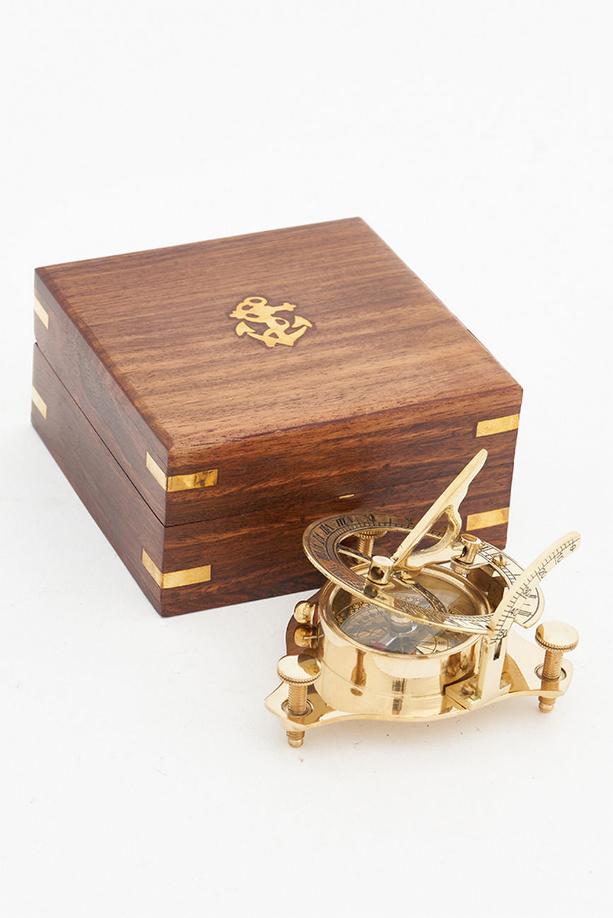 Brass Sundial Compass Gift Set with Wooden Presentation Box Nautical Office Decoration Batela Giftware