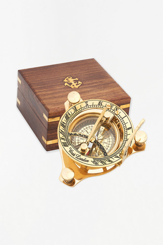 Brass Sundial Compass Gift Set with Wooden Presentation Box Nautical Office Decoration Batela Giftware