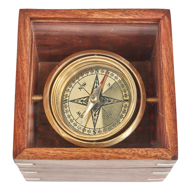 Navigation Compass in a Glass and Wooden Presentation Box Nautical Office Decoration price-change-job-active Batela Giftware