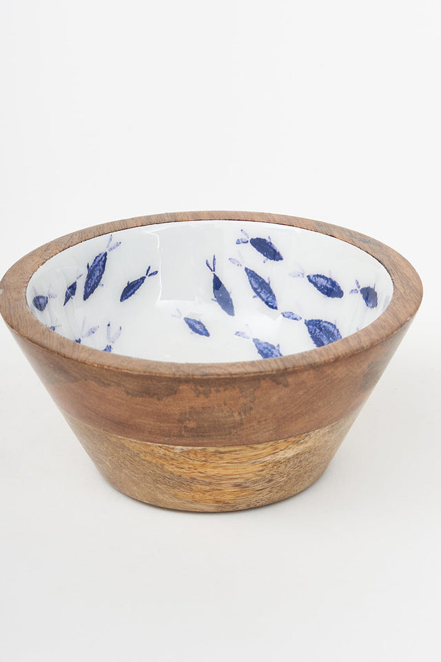 Wooden Bowl with Enamelled Interior - Shoal of Fish Enamel Tableware Enamelled Bowls From Europe Tableware Batela Giftware