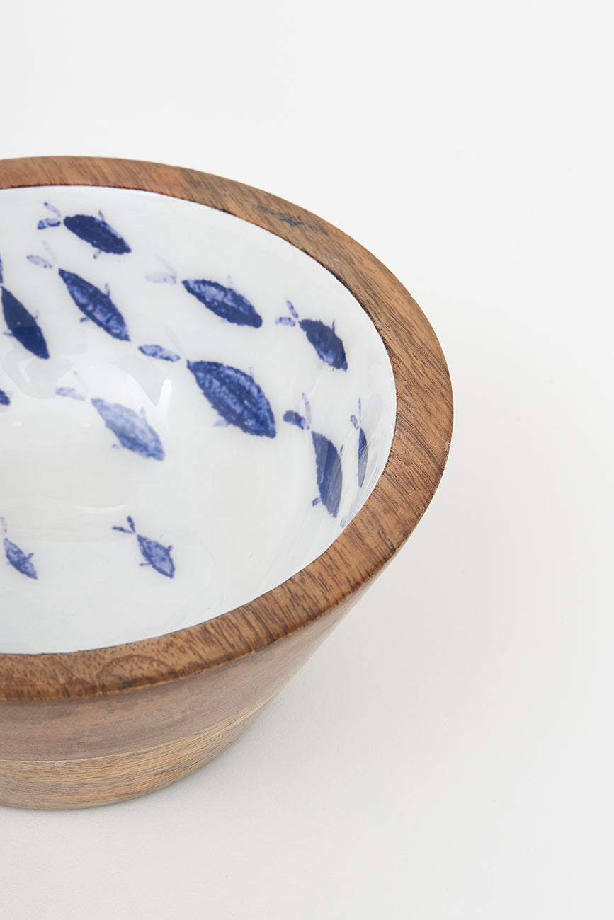 Wooden Bowl with Enamelled Interior - Shoal of Fish Enamel Tableware Enamelled Bowls From Europe Tableware Batela Giftware