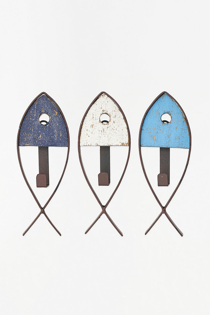 Wooden and Metal Fish Coat Hooks (Set of 3) Coat Racks & Hooks Batela Giftware