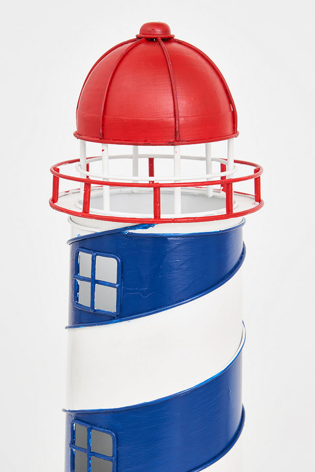 LED Blue/White Lighthouse - Metal Red Top Electric Lighthouses Batela Giftware