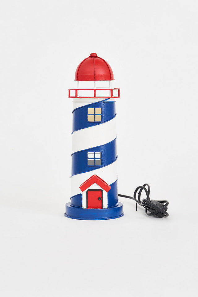 LED Blue/White Lighthouse - Metal Red Top Electric Lighthouses Batela Giftware