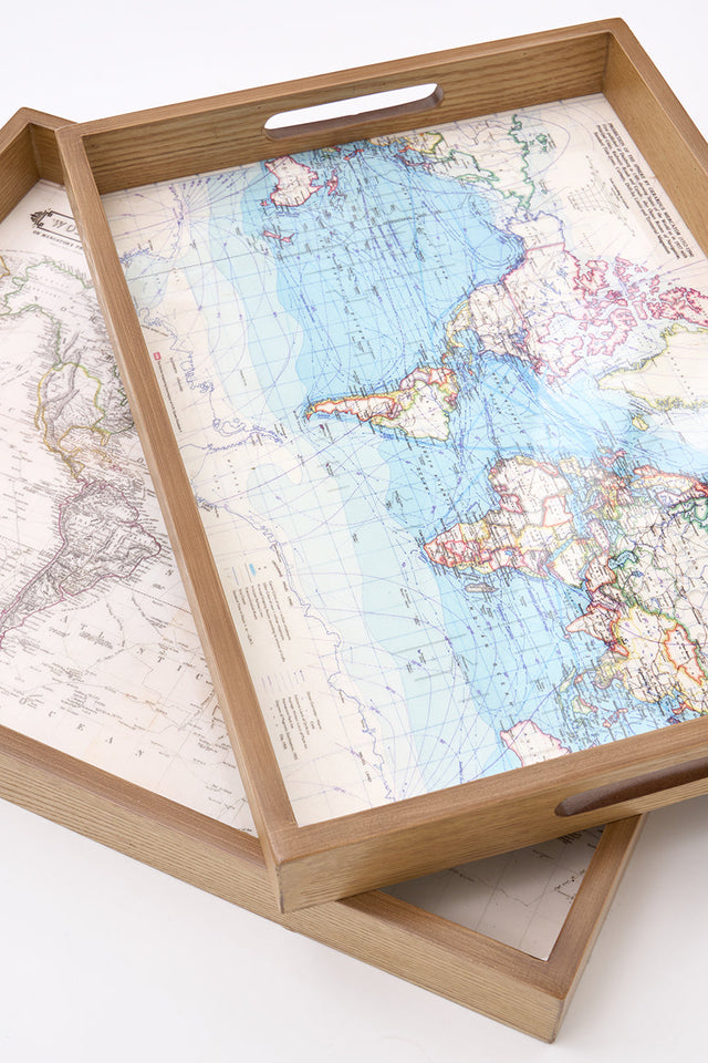 Pair of World Map themed Wooden Trays From Europe Batela Giftware