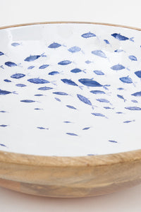 Large Enamelled Wooden Bowl with Shoal of Fish Design From Europe Batela Giftware