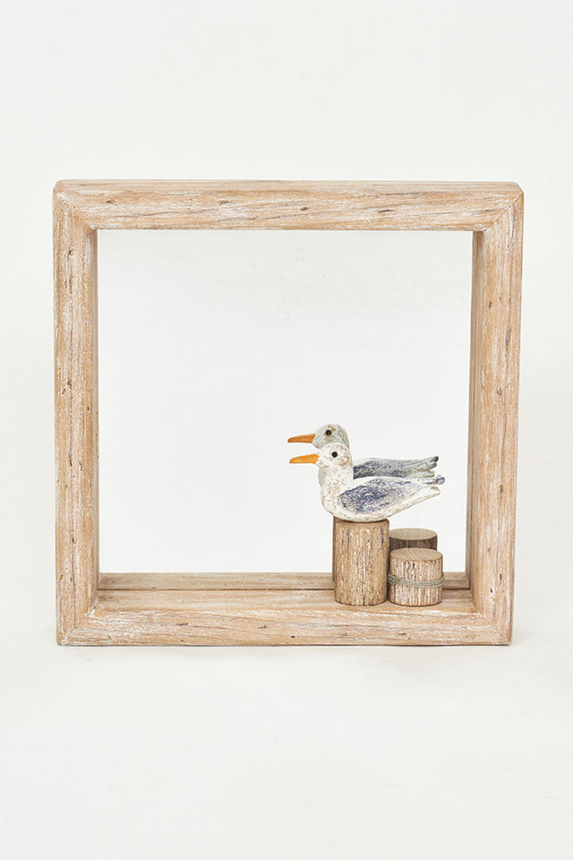 Square wooden mirror with bird on a post Driftwood Home Decoration Batela Giftware